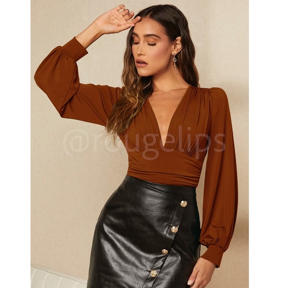 Rusty Brown Elegant V neck Bodysuit Long Bishop Sleeves Stretchy Ruched Waist - Picture 6 of 8